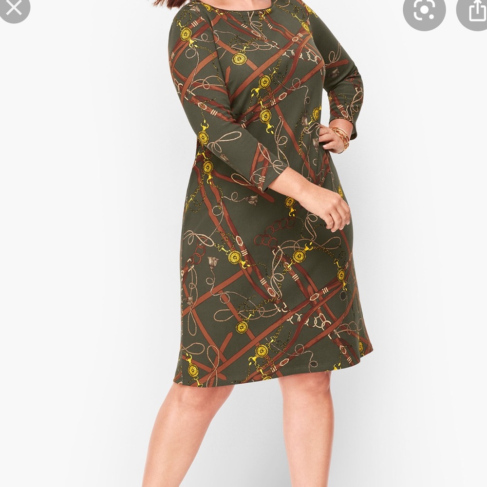 TALBOTS PETITE OLIVE GREEN EQUESTRIAN PRINT SHIFT DRESS SIZE LP - Picture 10 of 16